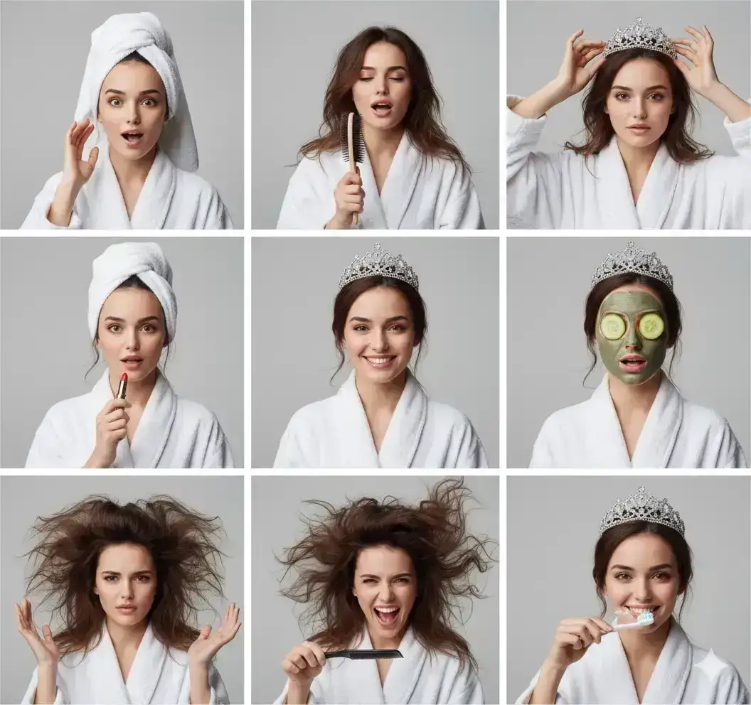 3x3 photoreal studio grid showing the SAME woman (strict identity lock) in a clean beauty-bathroom photoshoot vibe. 
