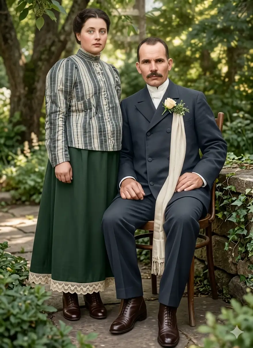 Restore and enhance an old damaged black-and-white photograph of a vintage couple. Remove cracks