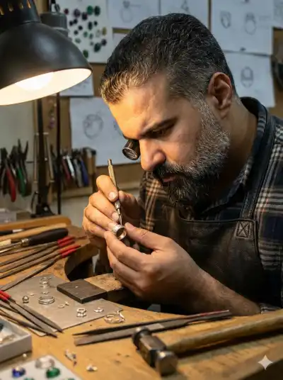 Viewer's eye is drawn first to the subject's face due to proximity and direct gaze, moves down to the jacket zipper and strap, and finally to the covered blue seats in the background