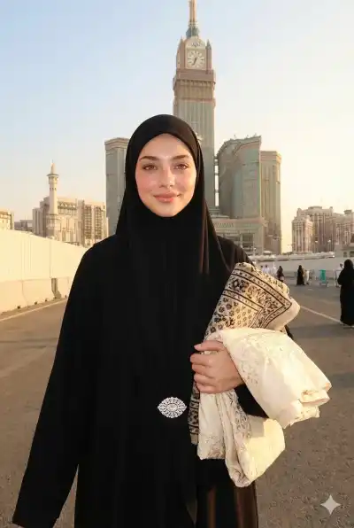  Muslim woman wearing a long black hijab covering her chest and a long dress covering