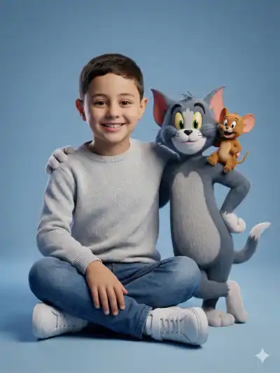full body portrait of a smiling young boy with Tom and Jerry. Boy wearing light grey sweater, blue jeans, white sneakers, relaxed crossed-leg pose
