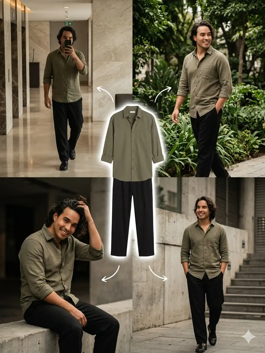 man with medium-length wavy dark hair and a clean face, wearing a muted olive green button-up shirt 