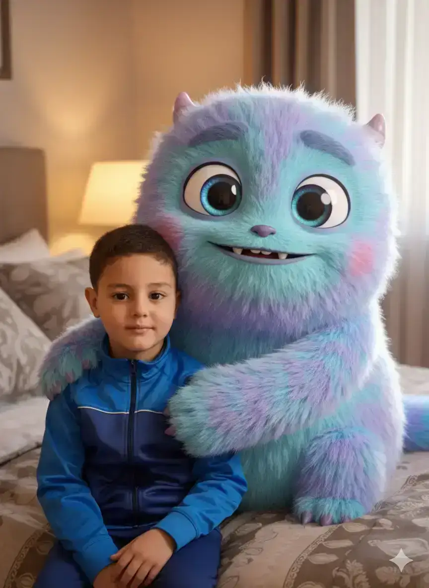 Boy Hugs Cute Cartoon Monster